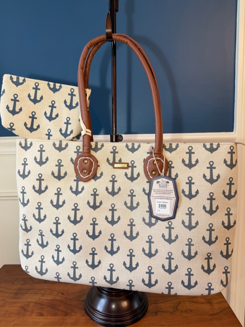 Sun 'N' Sand Canvas Anchor Print Tote with Brown Handles NWT